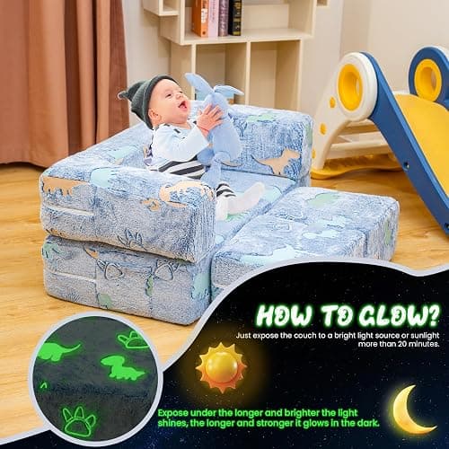 furlinkhm Toddler Couch, Glow in The Dark Kids Play Couch Toddler Fold Out Couch, Kids Fold Out Couch for playroom, Convertible Baby Fold Out Play Foam and Floor Cushion for Bedroom, Blue+Dinosaur - Blue+dinosaur - Toddler Couch thumbnail 6