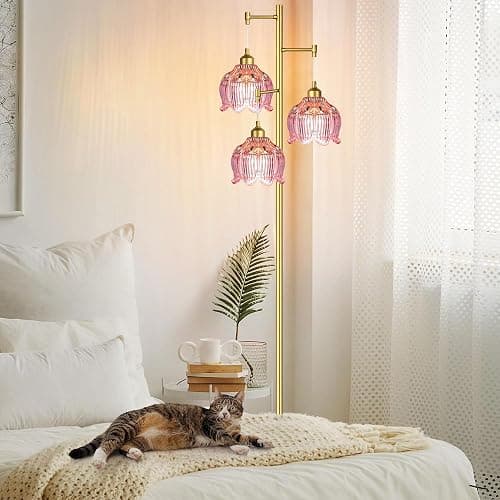 ILLMTW Glass Floor Lamp for Living Room,Bedroom,Gold Flower Mid Century Modern Standing Lamp Brass Tree 3 Light Tall Floor Lamps Vintage Floor Lights Pink Lamp Shade Farmhouse Boho Bohemian thumbnail 2