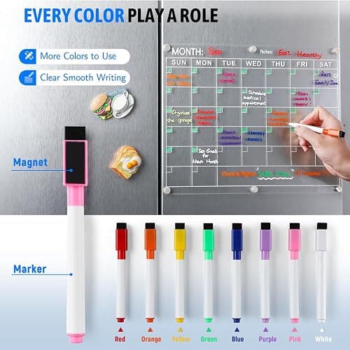 Acrylic Fridge Calendar, Magnetic Monthly Planner with 8 Color Markers, Clear Dry Erase Board for Events/Meetings/Shopping Lists - 14.5 * 11.5'' thumbnail 4