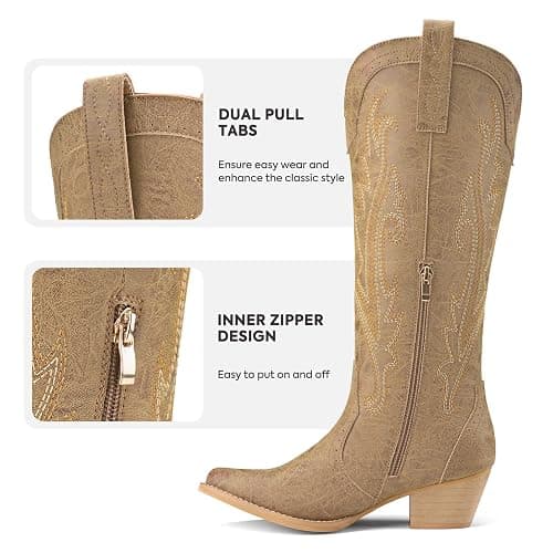 Rollda Cowboy Boots for Women Cowgirl Boots Embroidered Knee-High Western Boots Pointy Toe with Chunky Heel thumbnail 4