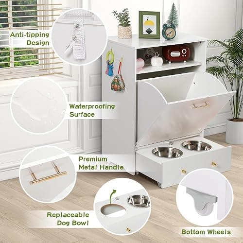 TITIMO Pet Feeder Station,Dog Food Storage Cabinet Container with 2 Pull Out Dog Elevated Bowls and Hanger,Pet Toy Storage Organizer,Feeding & Watering Pet Supplies (White) thumbnail 3