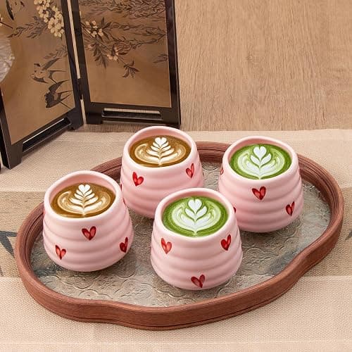 YumiPLUS 4pcs Ceramic Tea Cup Set – 160ml 5.4OZ Porcelain Pink Matcha Cup, Handless Cute Hearts Coffee Mugs for breakfast espresso/afternoon tea (Pink Love) thumbnail 8
