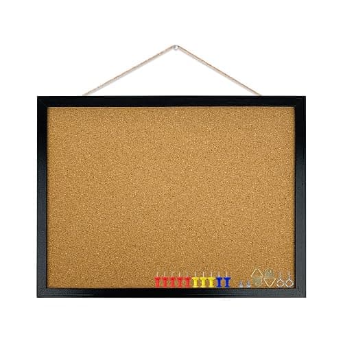 GDMINLO Black Cork Bulletin Board, 17.7 X 13.3 inches with Oak Wood Finish Frame, for Wall Office Home and School (Pins, Eye Bolts, gaskets, Screws) - Image 1