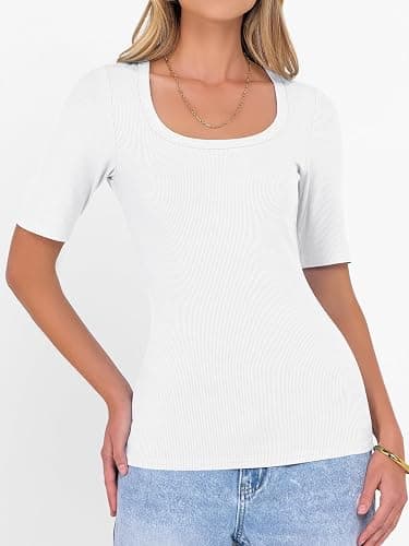 ANRABESS Womens Half Sleeve Tops Scoop Neck Ribbed Knit Slim Fitted Basic Tee Shirts Summer 2026 Trendy Spring Casual Clothes thumbnail 8