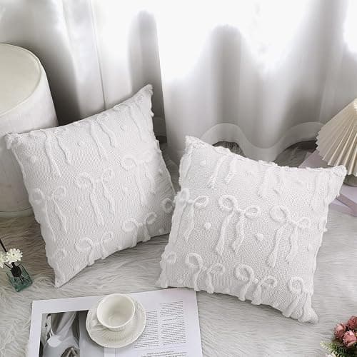 Mixweer Cream White Bow Throw Pillow Covers 18x18 Set of 2 Coquette Decorative Pillow Covers Soft Plush Faux Wool Aesthetic Pillowcases Preppy Room Decor for Bed Sofa Couch Living Room thumbnail 6
