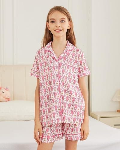 HMPEAIIY Cute Monkey Pajamas Set for Girls, Kids Summer Button Down Matching Y2k Loungewear PJs Christmas Thanksgiving Gift thumbnail 2