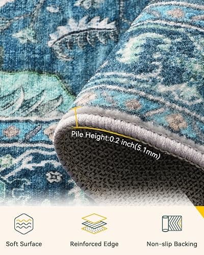 RELEANY Area Rugs 8'x10' Washable Non-Slip, Floral Vintage Distress Print Pattern Medallion Carpet for Living Room Bedroom Dining Room, Teal Green Lake Blue Turquoise thumbnail 5