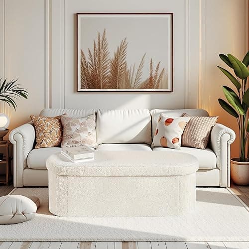 Bonlife Folding Ottoman Storage Bench,Boucle Footstool Oval, End of Bed Stool, Ideal for Living Room, Bedroom, 100L Storage Space,White,110x38x38cm thumbnail 2