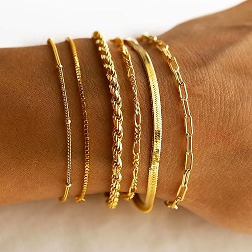 DEARMAY Gold Bracelets for Women Waterproof, 14K Gold Plated Jewelry Sets Trendy Thin Dainty Stackable Cuban Link Paperclip Chain Bracelet Pack Fashion Accessories Gifts for Womens thumbnail 3