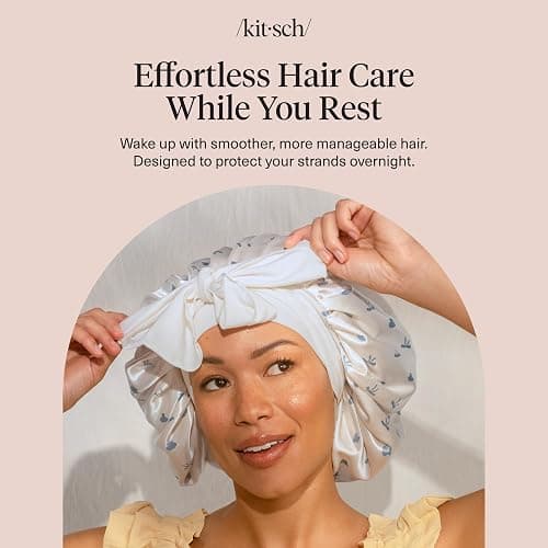 Kitsch XL Satin Bonnet for Sleeping - Softer Than Silk Bonnet For Sleeping Women, Secure Fit Adjustable Night Cap For Curly & Textured Hair & Prevents Breakage - Pearlized Cream & Coastal Blue Print thumbnail 8