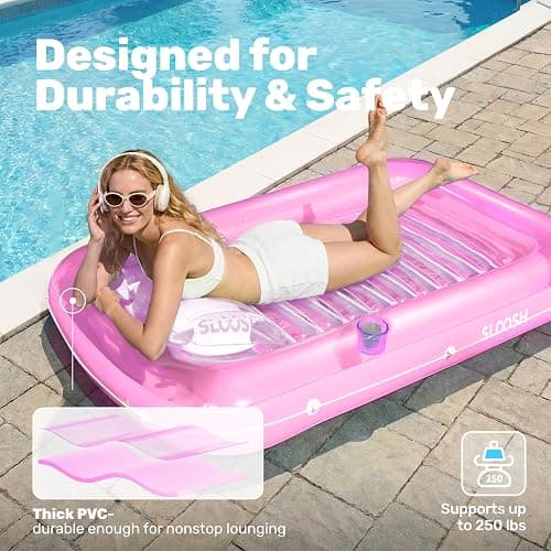 SLOOSH Inflatable Tanning Pool Lounger Float, 70" x 46" Pool Floats Adult with Pillow, 4 in 1 Suntan Tub Raft Floatie,Sunbathing Bed Lounge for Water Blow Up Kids Ball Pit Party Gifts, L-Pink White thumbnail 5