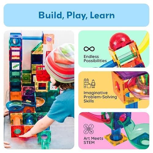 PicassoTiles 70pc Marble Run Magnetic Tiles STEM Set for Kids Ages 3 and Older Magnet Tile Marbles Maze Building Blocks Brain Development Toy Preschool Educational Learning Construction Playset PTG70 thumbnail 2