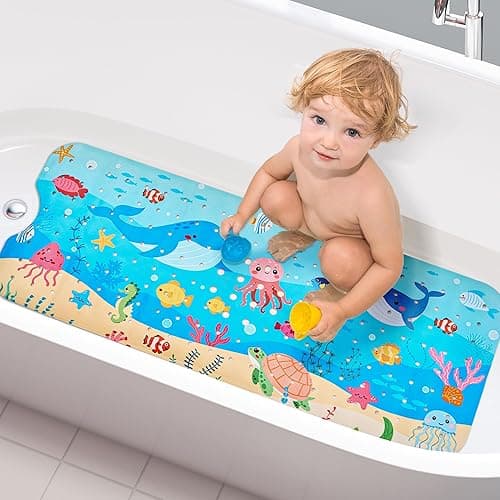 Baby Bath Mat for Tub Non Slip Kids, 40 X 16 Inch Extra Long Bathtub Mat with Drain Holes and Suction Cups, Anti Slip Shower Mat Machine Washable, Whale - Whale - 40" x 16" (Rectangular)