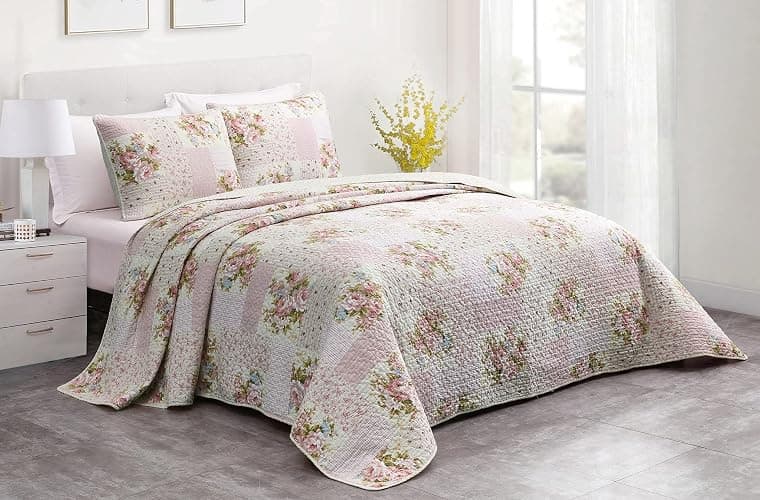 Chezmoi Collection Rosy 3-Piece Printed Patchwork Cotton Quilt Set, Full Size - Pink Flower Floral Striped Polka Dots - Stone Washed Lightweight Bedspread thumbnail 3