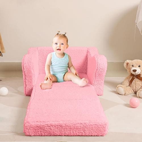 MOMCAYWEX Kids Chairs for Toddler, 2-in-1 Toddler Soft Sherpa Couch Fold Out, Convertible Sofa to Lounger for Girls and Boys, Pink - Pink - Medium thumbnail 8