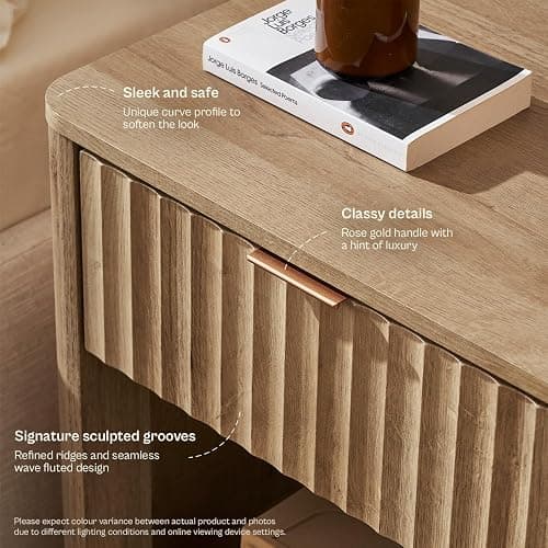 mopio Brooklyn Fluted Nightstand, Modern Farmhouse Nightstand, Small Side, Wood Bedside Table with Drawer, End Table with Storage, Fluted Night Stand, Curved Profile (Golden Oak, Set of 2) thumbnail 4
