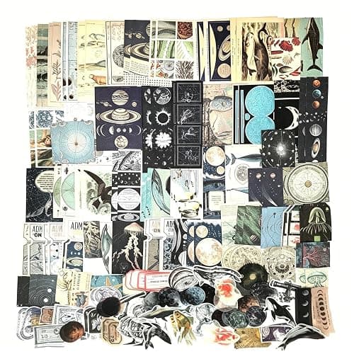 Esweny 200 Pieces Vintage Ephemera Scrapbooking Supplies Pack for Journaling, Decoupage Paper Scrapbook Stickers Kit for Junk Journal Planners Collage Craft Notebooks Album (Space and Sea) - Image 1