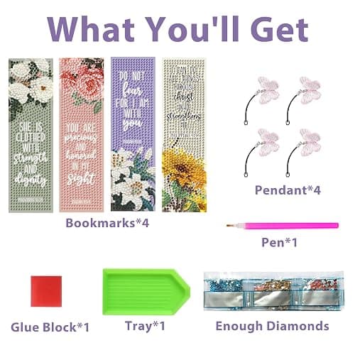 4 PCS Bible Diamond Painting Bookmarks, Flowers Diamond Art Bookmarks for Adults with Pendant, 5d Gem Art, Acrylic Bookmark Easy DIY Crafts for Books Decor Gift thumbnail 4