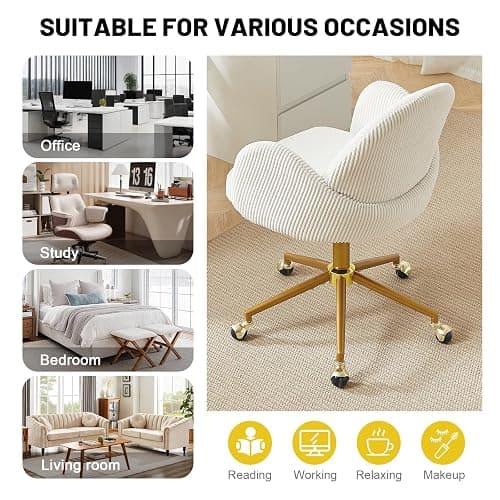 Home Office Chair with Petal Backrest, Corduroy Upholstered Desk Chair with Adjustable Swivel Wheels, Ergonomic Chairs for Living Room, Bedroom, Office, Study, Flower Cute Girls Vanity Chair(Beige) thumbnail 8