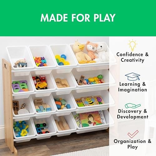 Humble Crew Supersized Toy Storage Organizer with 16 Removable Bins, Natural/White – Large Toy Storage for Toddlers Ideal for Kids' Rooms, Playrooms, and Nurseries - Modern Toy Bins for Kids thumbnail 5