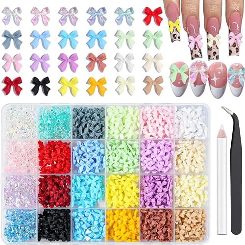 820 Pieces Bow Nail Charms 24 Color Nail Charms 3D Bows for Nails Includes 5 Colors Transparent Bow Charms for Nails with Pickup Tool Cute Colorful Nail Bows for Manicure DIY Decoration - Image 1