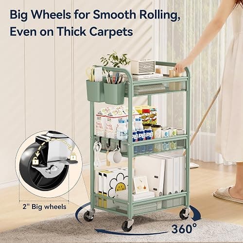 YASONIC 3 Tier Metal Rolling Cart, Green Utility Storage Cart with Wheels | Metal Mesh Craft Cart With Hooks & Hanging Cups, Ideal For Kitchen, Bathroom, Office, Dorm, Art Workspace, Bedside Storage thumbnail 5