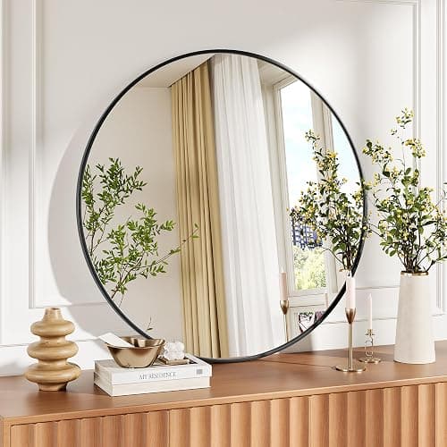 IDEALHOUSE 18 Inch Black Round Wall Mirror, Circle Mirror Metal Frame for Bathroom, Vanity, Entryway, Bedroom, Living Room, Wall Mounted Modern Rustic Decor thumbnail 9