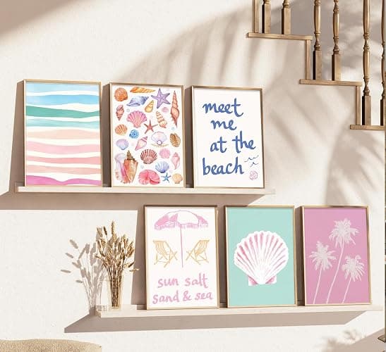 6Pcs Pink Beach Preppy Canvas Wall Art Colorful Coastal Seashell Picture Wall Decor Seaside Beachy Palm Tree Aesthetic Posters Cute Summer Ocean Painting Print Artwork for Girls Bedroom Dorm Apartment thumbnail 4