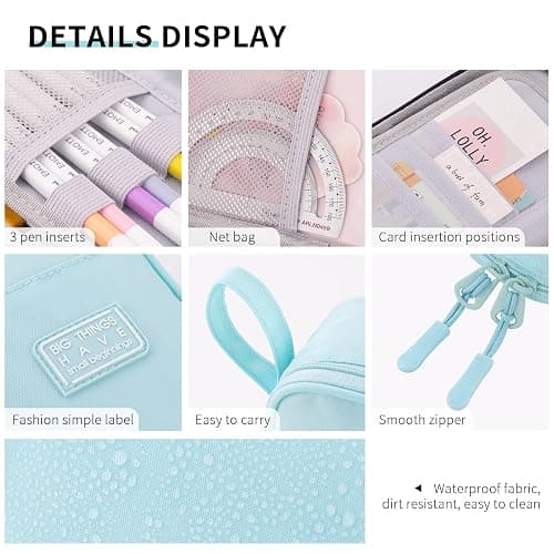CICIMELON Durable Pencil Case Big Storage Pen Pouch Bag for School Supplies Office College Teen Adults, Light Blue thumbnail 5
