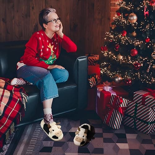 PUWAN Cute Fuzzy Cow Slippers for Women, Cartoon Plush Warm Cow Slippers for Girls Funny, Novelty and Soft Cotton Slipper, Women's Winter House Shoes Suitable for Indoor Bedroom Dormitory thumbnail 2
