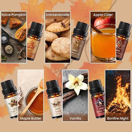 Auelife Fall Essential Oils Set for Diffusers for Home, 6x10ml Fall Scents | Autumn Scented Oils with Pumpkin Spice, Vanilla, Apple Cider, Maple Butter for Candle Making, Soap Making, Holiday Gift Set thumbnail 2