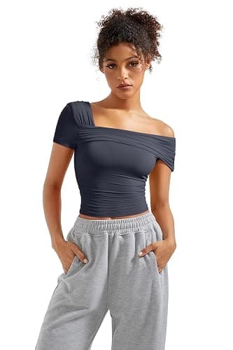 SUUKSESS Women One Off The Shoulder Summer Tank Tops Ruched Short Sleeve Shirts thumbnail 3