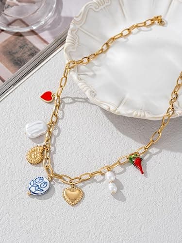 Trendy Stainless Steel Gold Plated Charm Necklace with Heart Pearl Pepper Conch Ceramic Pendant Necklace for Women Collares Chokers Jewelry thumbnail 2