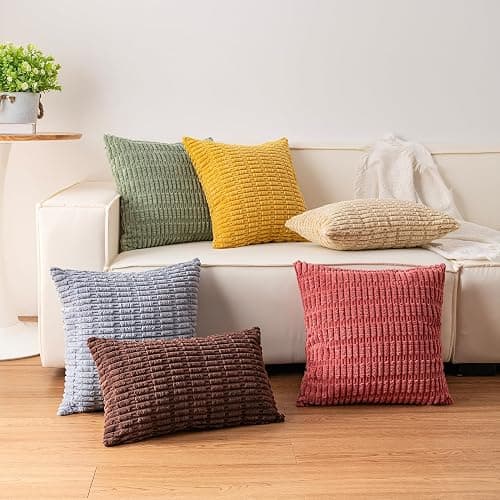 Aegero Pack of 2 Corduroy Decorative Throw Pillow Covers 18x18 InchSoft Boho Striped Pillow Covers Modern Farmhouse Home Decor for Sofa Living Room Couch Bed（Dark Brown） thumbnail 5