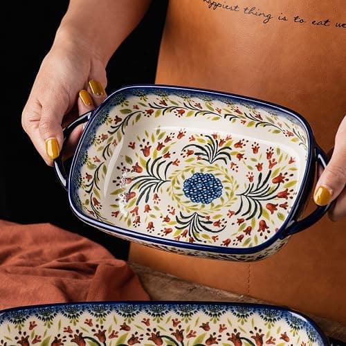 ONECCI Baking Dish Ceramic Baking Pan Blue Casserole Dish Rectangular Baking Set 2pcs Bakeware Sets Single Serving Size Lasagna Pan Baking Dishes for oven (The tulip) thumbnail 6