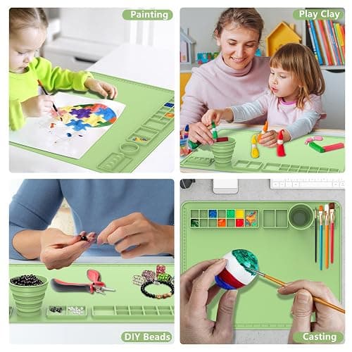 Silicone Painting Mat with Cup, 20"X16" Craft Mat, Siliocne Mat for Crafts, Resin, Paint, Clay, Non Stick Art Mat with Raised Edge, Painting Supplies (Apple Green) thumbnail 4