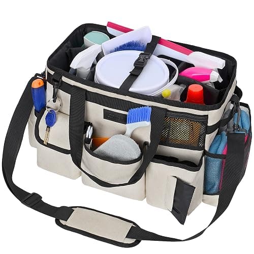 Cleaning Caddy Organizer with Handle - Large Caddy Bag for House & Bathroom Cleaning Supplies, 15 x 8 x 10.5 inches Cleaning Supply Caddy, Housekeeping Tote with Adjustable Strap - Beige thumbnail 9