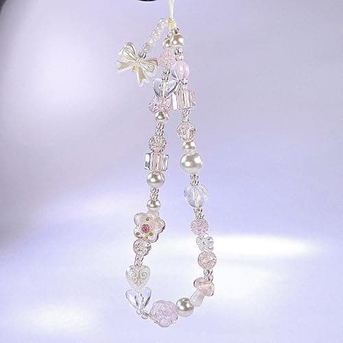 Beaded Camera Wrist Strap Cute Pearl Digital Camera Charm Lanyard, Phone Wristlet Charms, Beaded Camera Chain for Phone, Bag, Keychain Accessories (Bow&Flower) thumbnail 7