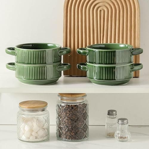Howise Soup Bowls with Handles, 23 oz French Onion Soup Crocks, Stackable Soup Bowl Oven Safe for Chili, Beef Stew, Embossment Ceramic Bowl Set - 5.4 Inch, Set of 4 (Green) thumbnail 7