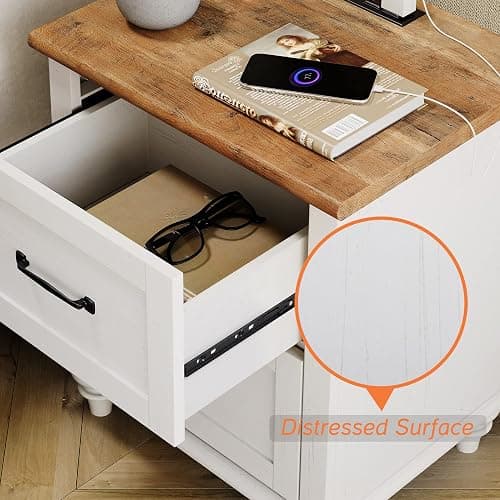 WAMPAT 2 Pack Nightstands with Charging Station, Set of 2 End Table with 2 Power Outlets & 2 USB Ports for Living Room, Antique Side Table with 2 Drawers for Bedroom, Off White thumbnail 5