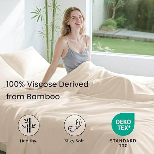 Love's cabin 4 Piece Full Size Sheet Set, 100% Rayon Derived from Bamboo, Cooling & Breathable, Soft Silky Deep Pocket up to 16", Hotel Luxury Bedding for Hot Sleepers, Beige thumbnail 2