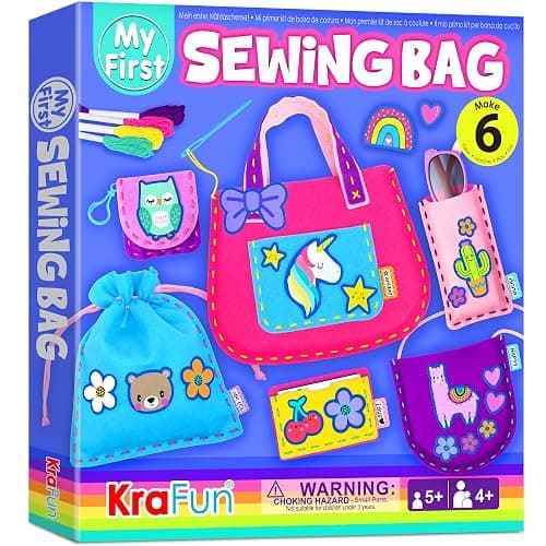 KRAFUN My First Sewing Bag Kit Arts & Crafts for Beginner Kids, 6 Easy DIY Sewing Handbag Pouch Sleeve Projects of Animal Theme, Instructions Learn to Sew & Felt Embroidery, Gift for Girls & Boys - Image 1
