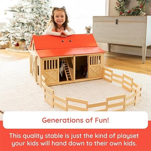 Fat Brain Toys Rustic Ridge Stable, Wooden Horse Pretend Playset with 2 Stalls and Fence, Imaginative Farm Play for Preschoolers, Kids Ages 3+ thumbnail 6