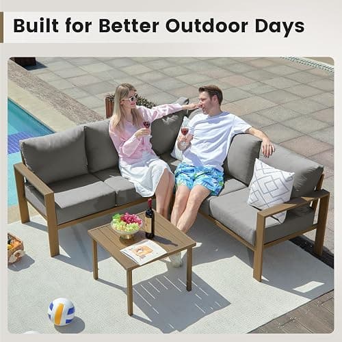 UDPATIO 6 Piece Patio Furniture Set, Metal Outdoor Sectional Sofa with 6" Thick Olefin Cushions, Wide Armrest & Coffee Table, L Shaped Outdoor Furniture for Garden, Backyard, Faux Wood Grain & Grey thumbnail 6