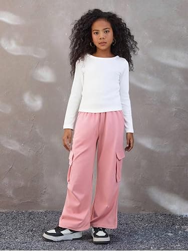 Azmxynol Girls Clothes 2 Piece Outfit Ribbed T-Shirt Top + Cargo Pants, Girls Fall Clothing Set, Sizes 5-16 Years thumbnail 2
