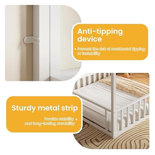 LIKIMIO Twin Bed Frame, Metal House Floor Bed Frame with Storage, Fence Guardrails, No Box Spring Needed, Space Saving for Bedroom and Dorm, Easy Assembly, White thumbnail 6