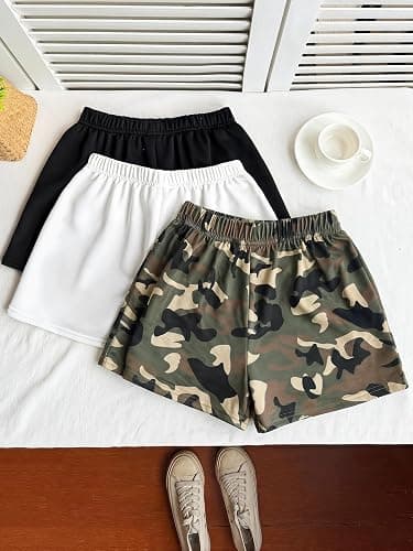 RoseSeek Girl's 3 Packs Camo Shorts Elastic Waist Athletic Summer Shorts | Mini Mid Rise, Shorts for Girls 10-12, Shorts for Teens, Toddler, Summer, Boxer, Cute Shorts thumbnail 3