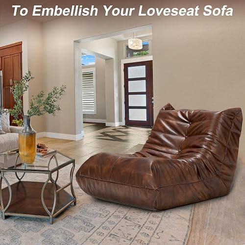 Hobestluk Giant Bean Bag Chair Lazy Floor Sofa, Memory Foam Fireside Sofa for Adults, Big Beanbag Faux Leather Armless Chair for Living Room Bedroom Dorm Office (Brown, Single) thumbnail 7