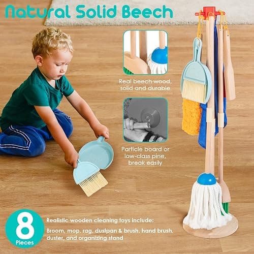 HELLOWOOD Kids Cleaning Set, 8 Pcs Wooden Housekeeping Play Set Includes Broom Mop Duster Dustpan Brushes Rag and Organizing Stand, Cleaning Toys Gift for Toddlers Girls Boys Age 3-6, Solid Beech Wood thumbnail 3