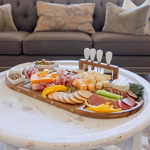 Elite Snacker Large Charcuterie Board Set, Acacia Wood, Natural Oil Finish | Magnetic 3-Piece Acacia Wood Design, Reshapes Circle Square Heart, Expands 13 to 26 In, 4 Knives, 3 Dishes, Rich Oiled Grain thumbnail 8